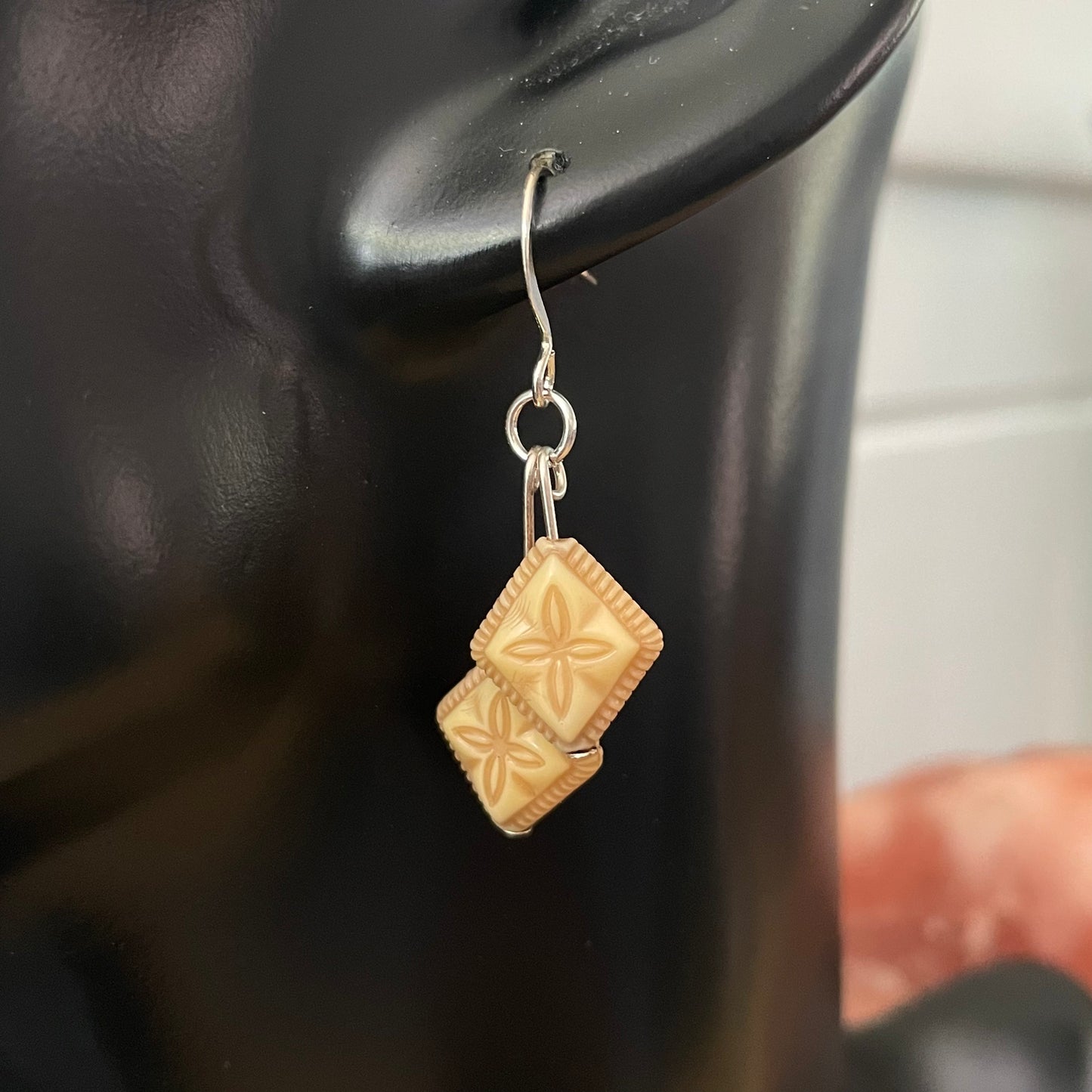Cream & Tan Acrylic Earrings 1.75" Lightweight Double Flower Coastal Resort Floral Hand Crafted