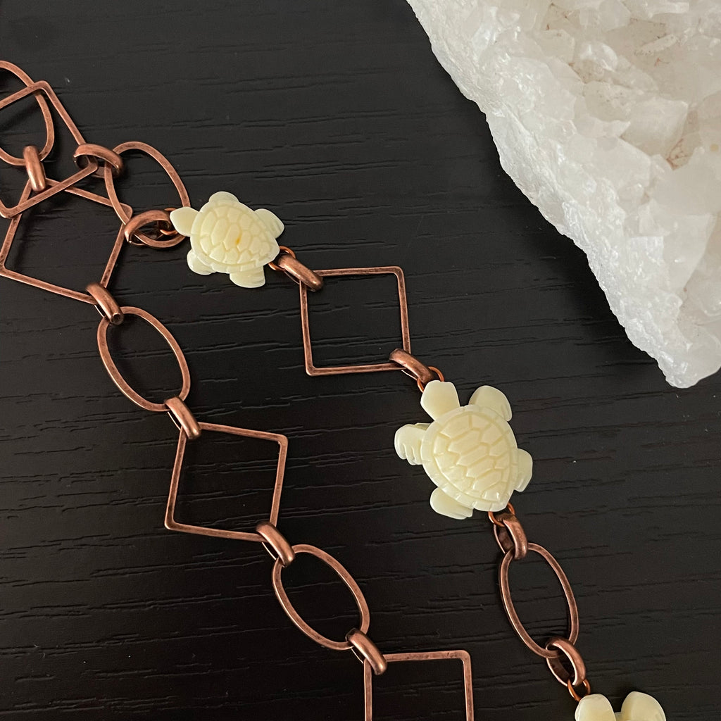 Layered Geometric Copper Chain & Ivory Turtle Necklace 27" Coastal Statement Large Link