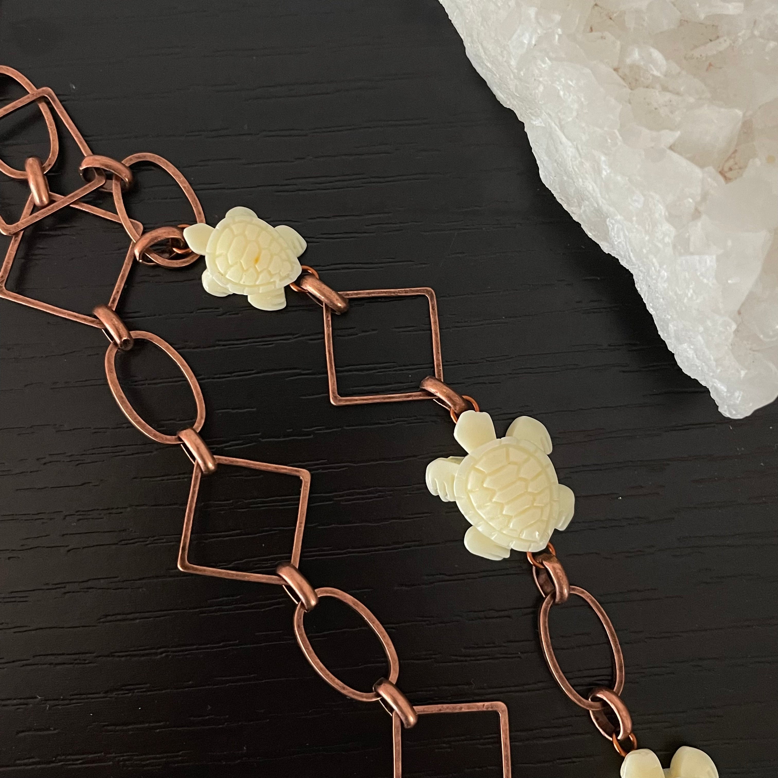 Layered Geometric Copper Chain & Ivory Turtle Necklace 27" Coastal Statement Large Link
