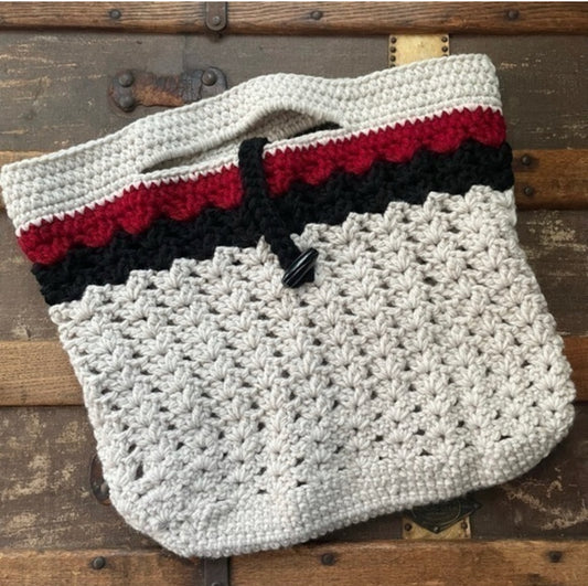 Oversize Purse Hand Crocheted Tote Large Bag Off White Cream Red Wine & Black Stripe