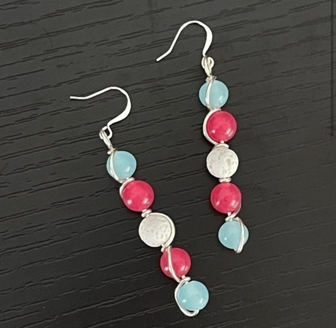 Trans Flag Wire Wrapped Drop Earrings 2.5" Pastel Blue Pink White Lava Stone Pride LGBTQIA Colorful Transgender Ally