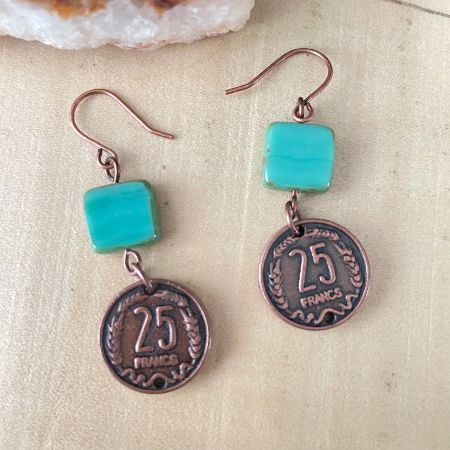 Repurposed French Coin & Blue Green Glass Drop Earrings 2” Copper Geometric Upcycled