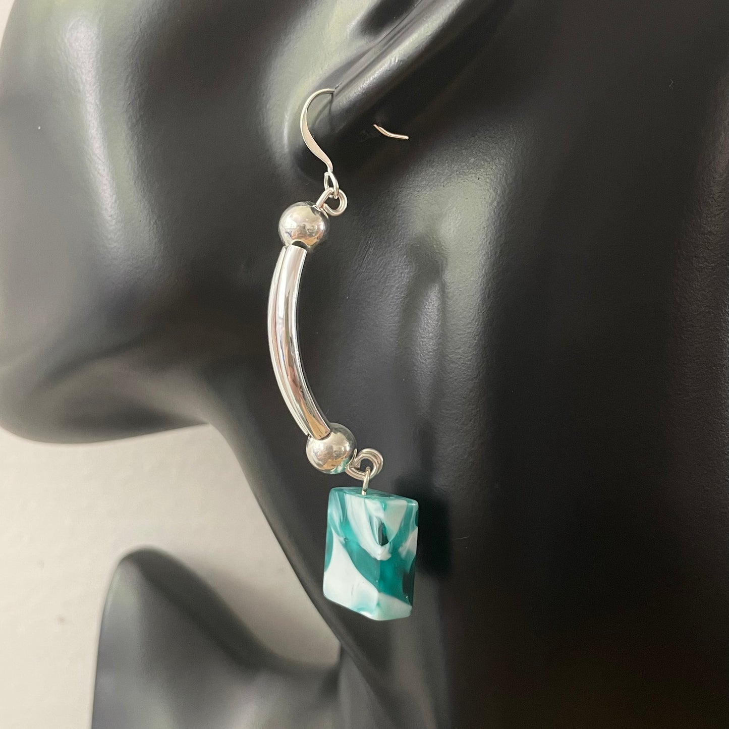 Swirled Turquoise Blue White Glass Bead & Curved Silver Bar Earrings 2.75” Long Geometric