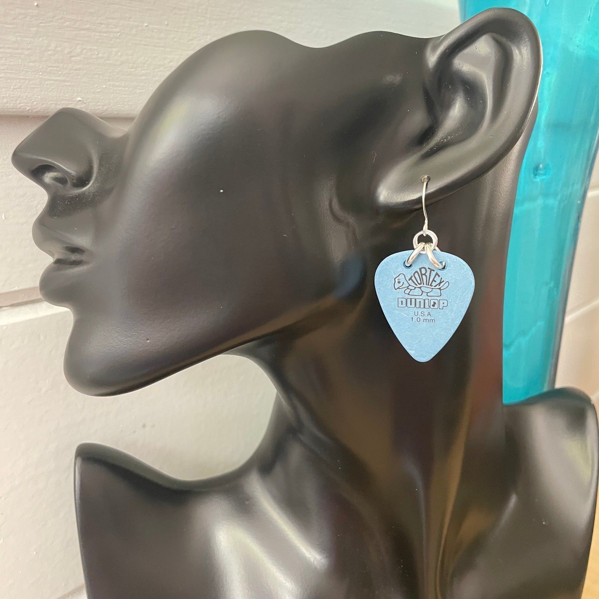 Blue Turtle Guitar Pick Earrings 1.75”Musician Lightweight Tortex Dunlop Repurposed Upcycled--single earring on mannequin