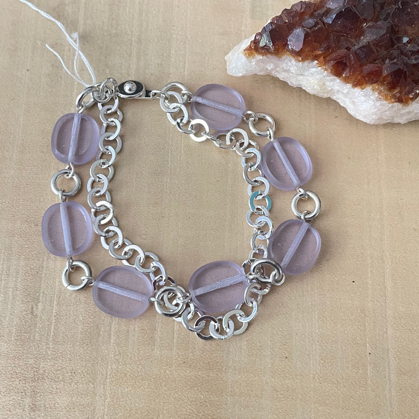 Pastel Lilac & Silver Layered Glass Chain Bracelet 7.5" Spring