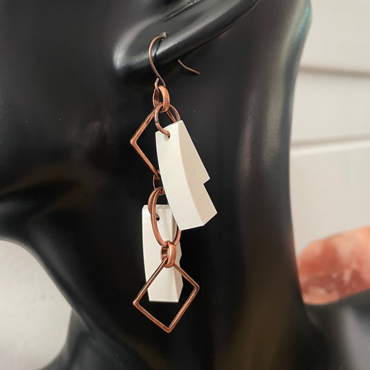 Large Geometric Copper Link Chain & White Building Block Earrings 2.75" Repurposed Upcycled Abstract