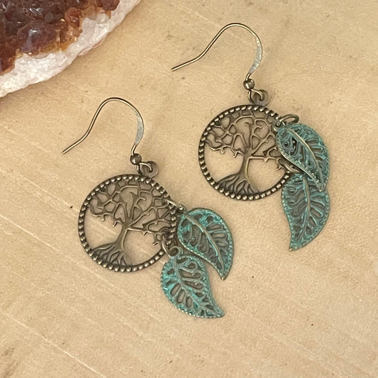 Tree of Life & Leaf Dangle Earrings 2”Mixed Metal Patina Brass Boho Bohemian