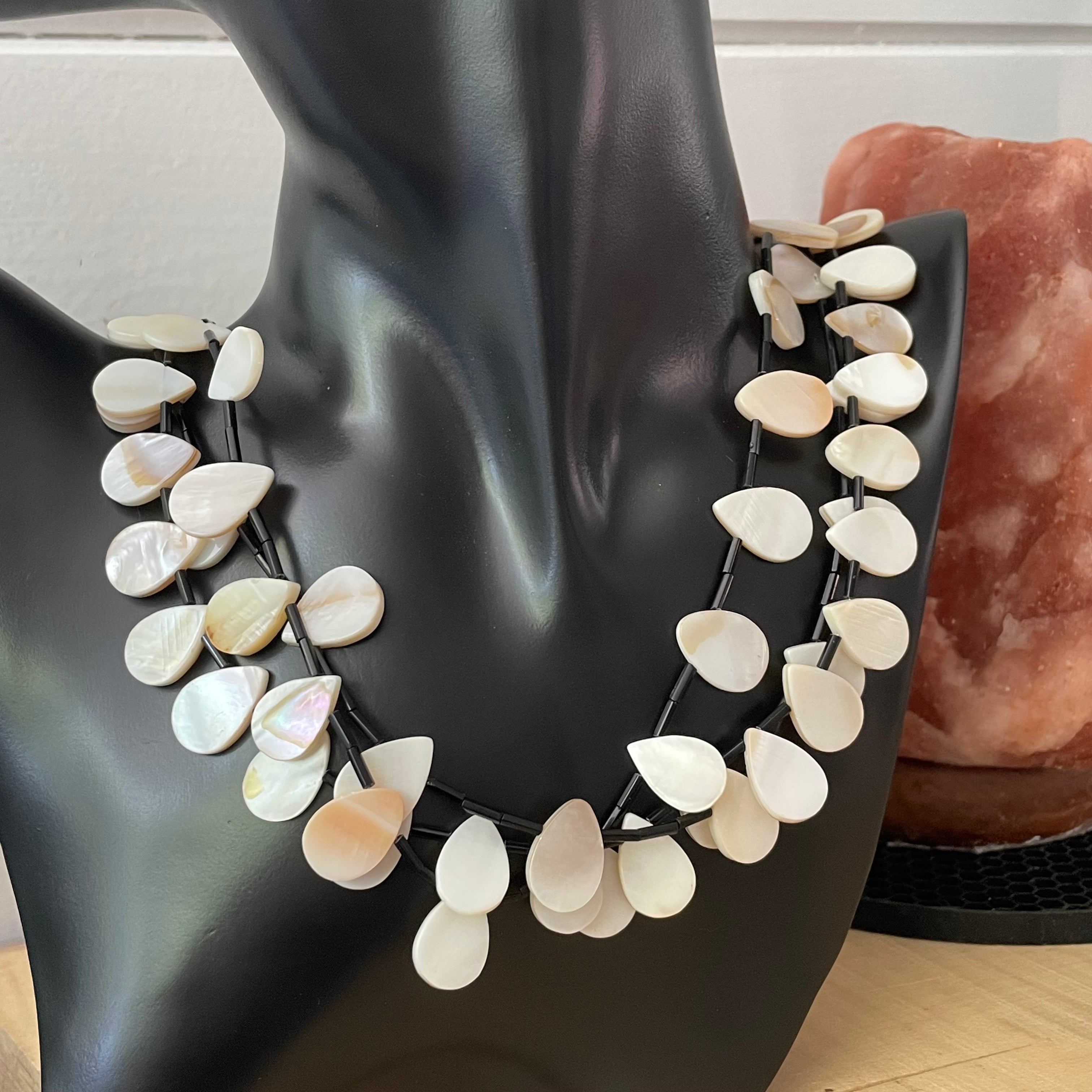 Layered Teardrop Shell Statement Necklace 22.5" Ivory Cream Black Coastal Resort Drama