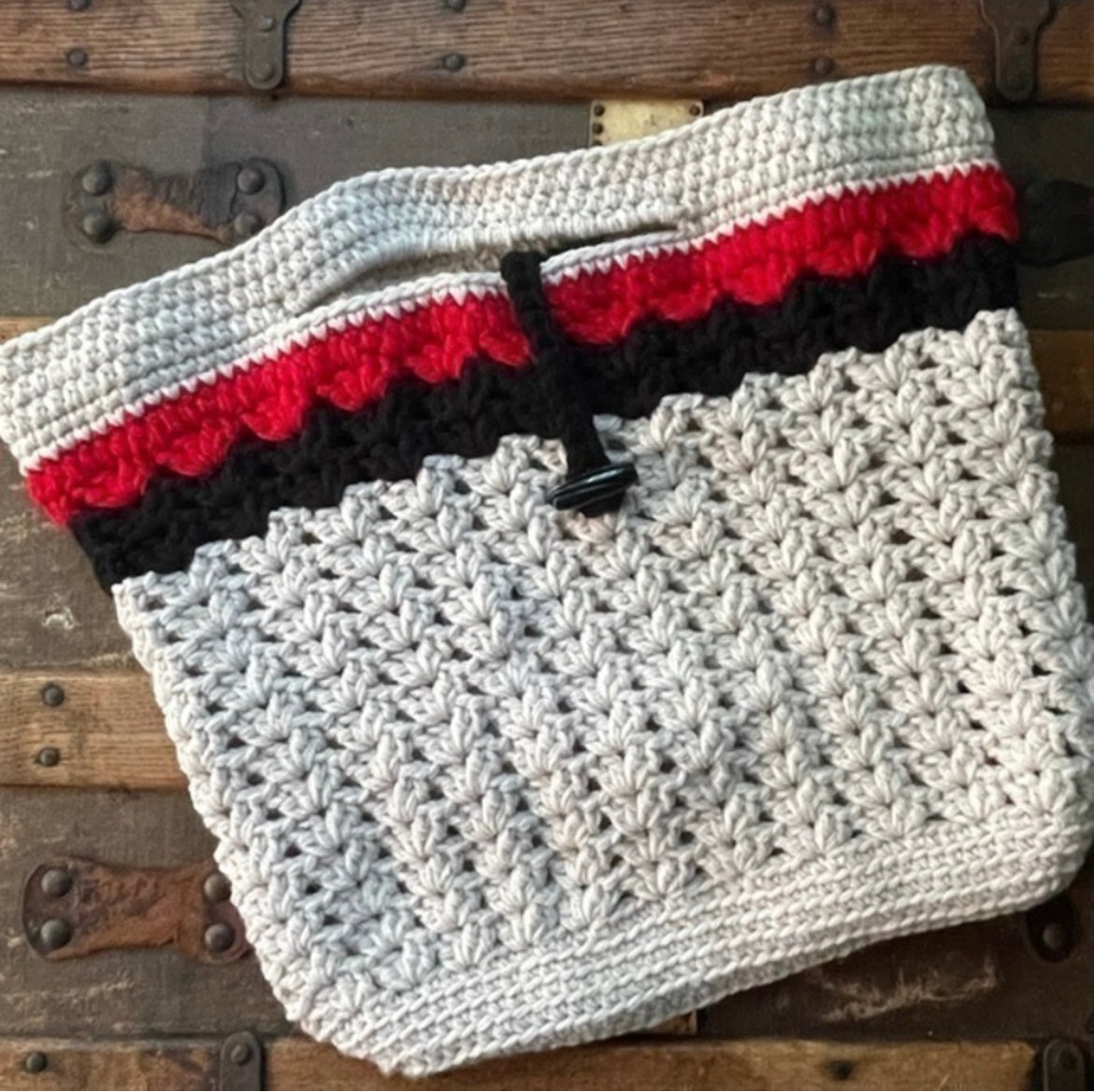 Oversize Purse Hand Crocheted Tote Large Bag Off White Cream Lipstick Red & Black Stripe