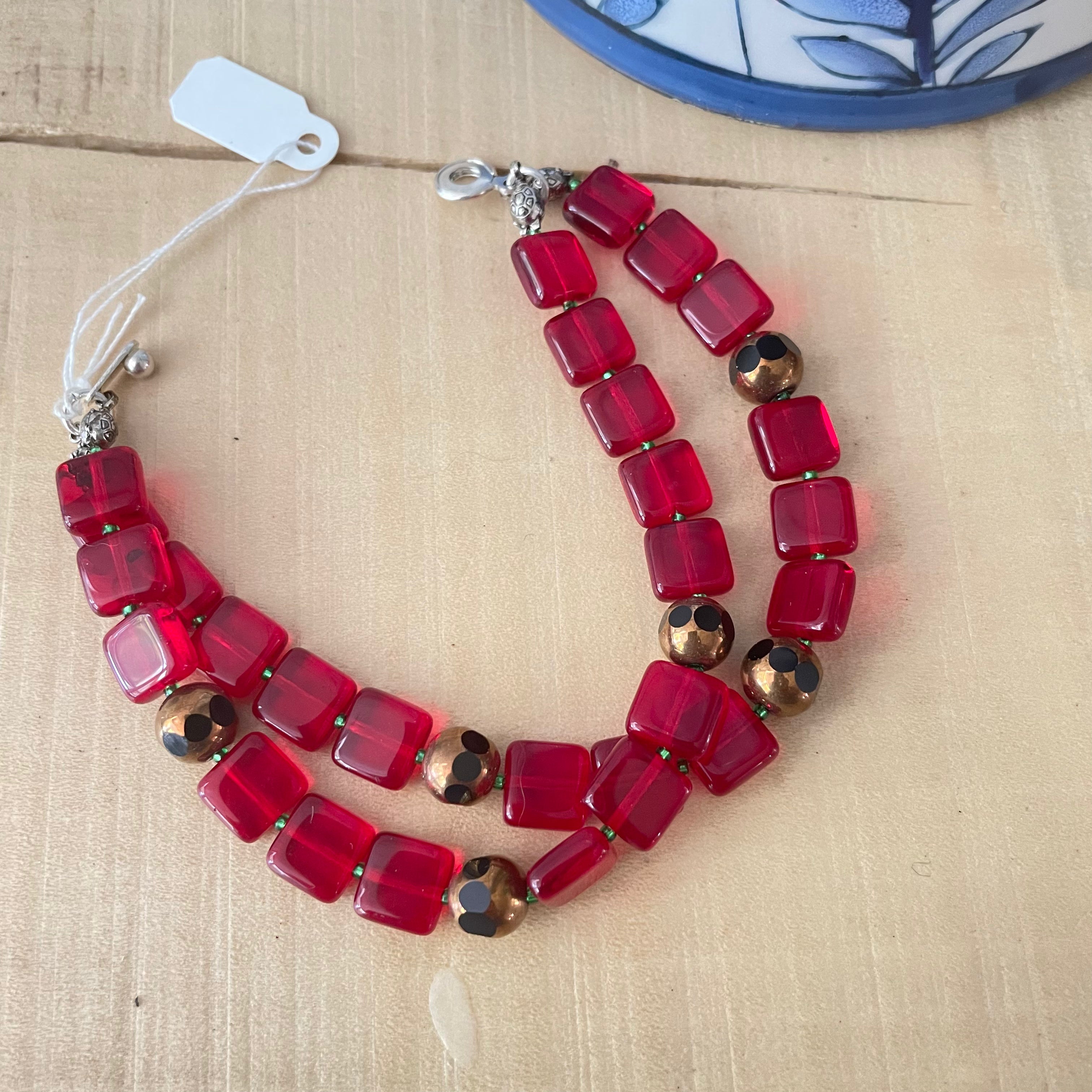Faceted Metallic Black Glass & Red Glass Layered Bracelet 7"