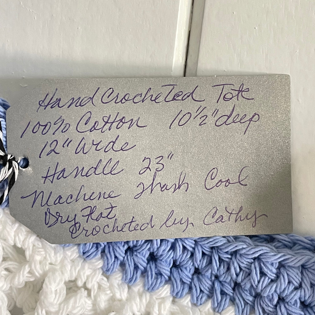 Ocean Vibes Blue White Yellow Tote Bag Purse Cotton Reusable Boho Multicolor Hand Crocheted Knit Coastal Resort