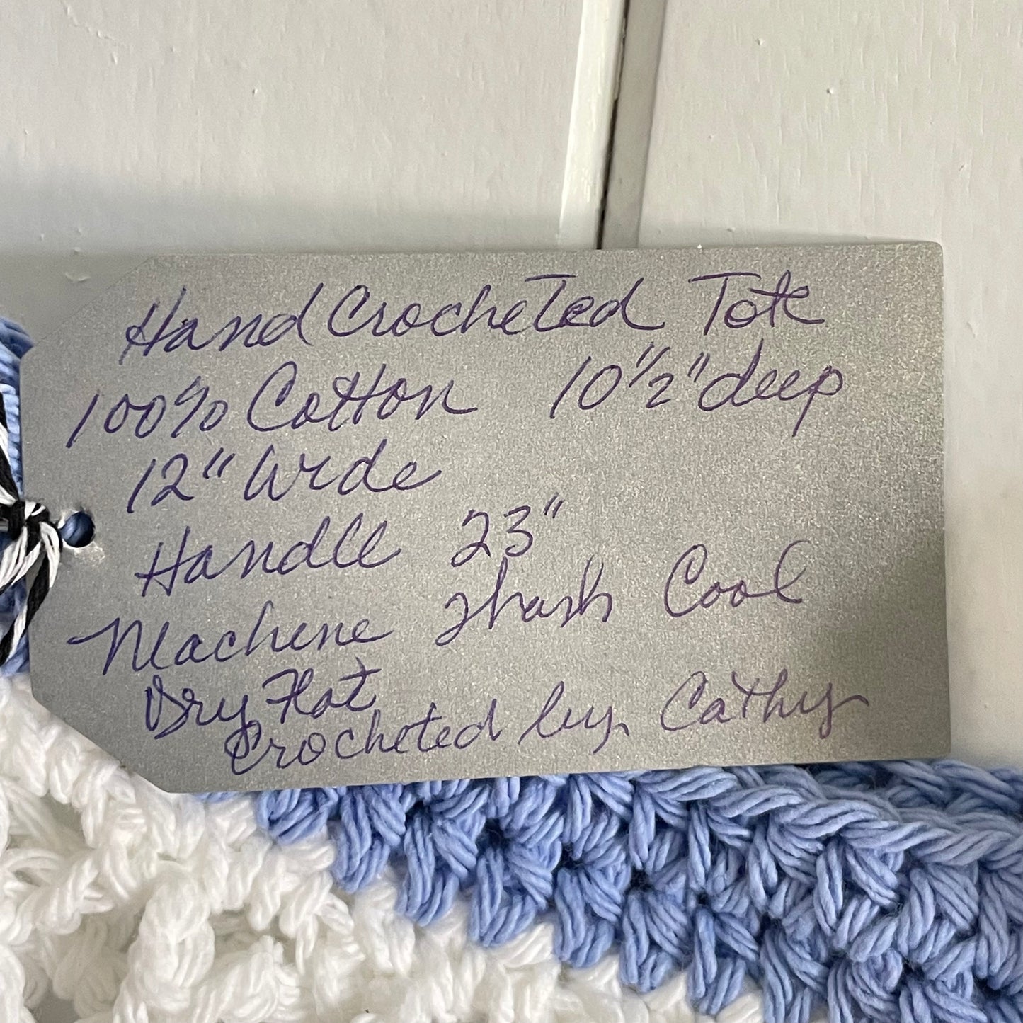 Ocean Vibes Blue White Yellow Tote Bag Purse Cotton Reusable Boho Multicolor Hand Crocheted Knit Coastal Resort