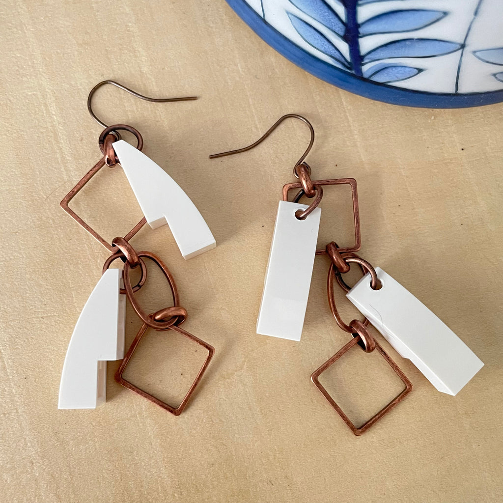 Large Geometric Copper Link Chain & White Building Block Earrings 2.75" Repurposed Upcycled Abstract