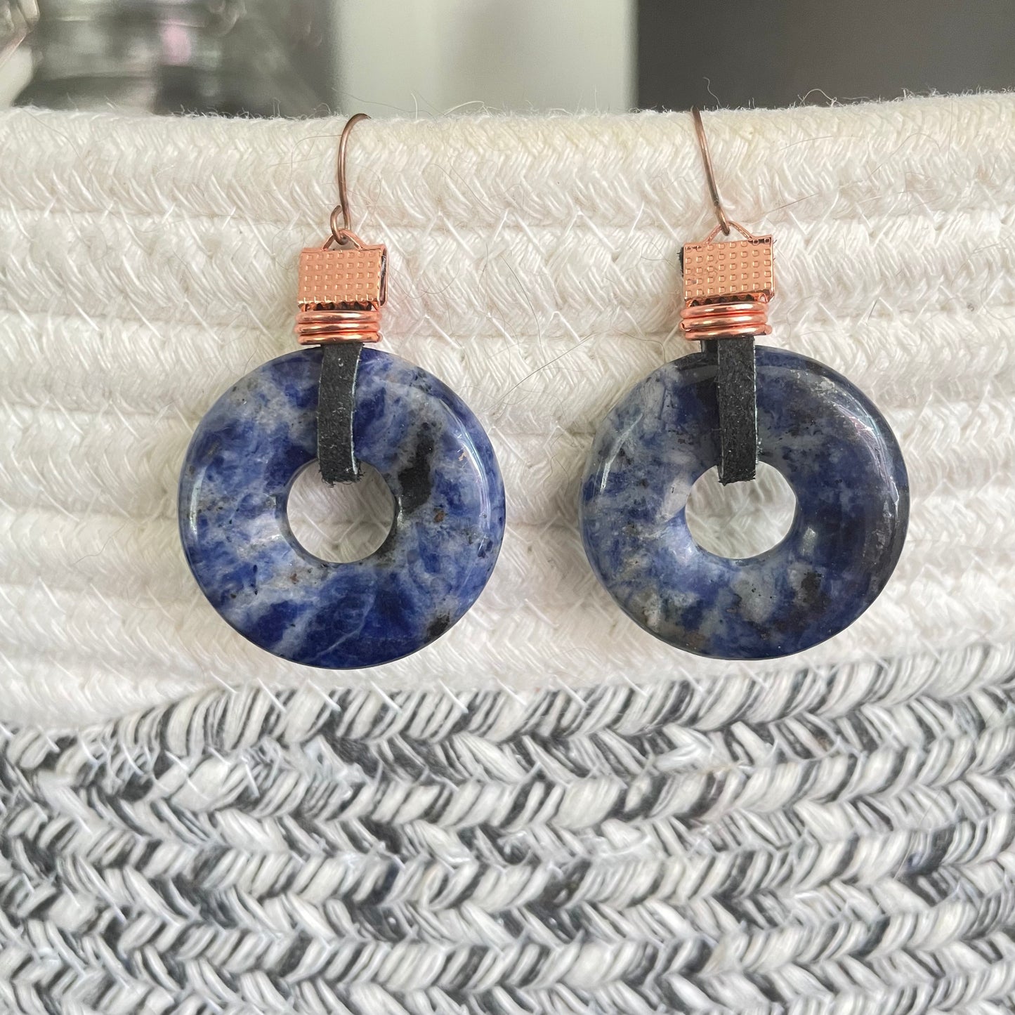 Sodalite Leather & Copper Statement Earrings 2" Blue Black Bold Geometric Women Gift Everyday Fashion Handmade Jewelry