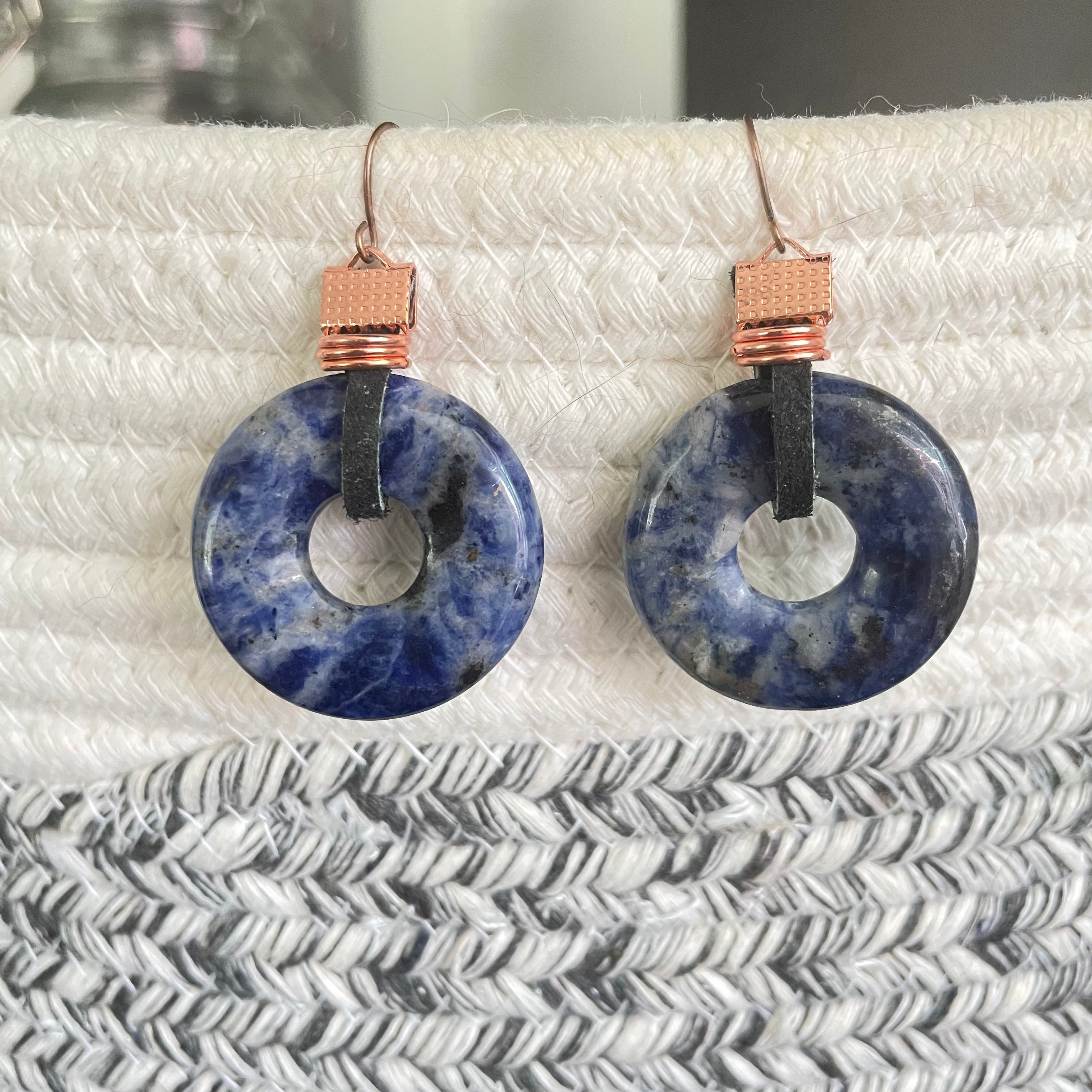 Sodalite Leather & Copper Statement Earrings 2" Blue Black Bold Geometric Women Gift Everyday Fashion Handmade Jewelry
