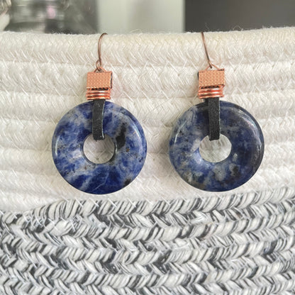 Sodalite Leather & Copper Statement Earrings 2" Blue Black Bold Geometric Women Gift Everyday Fashion Handmade Jewelry