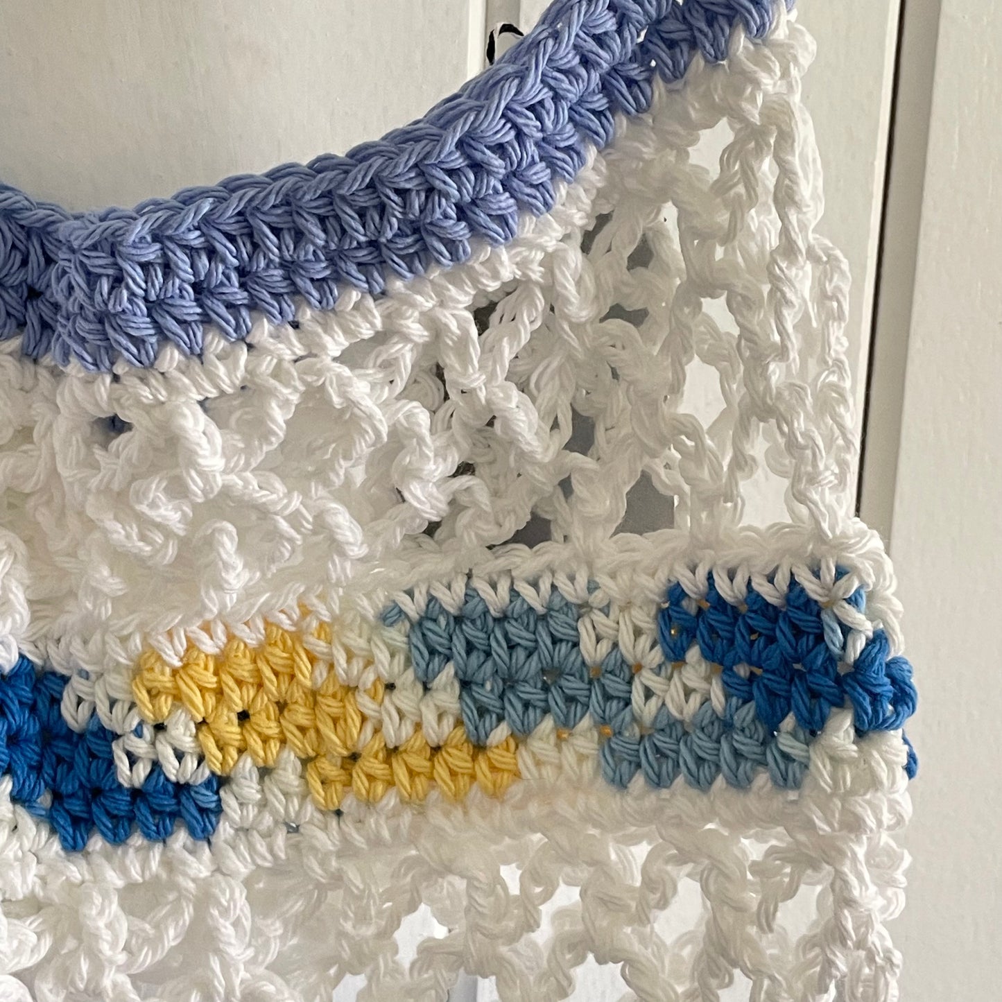 Ocean Vibes Blue White Yellow Tote Bag Purse Cotton Reusable Boho Multicolor Hand Crocheted Knit Coastal Resort