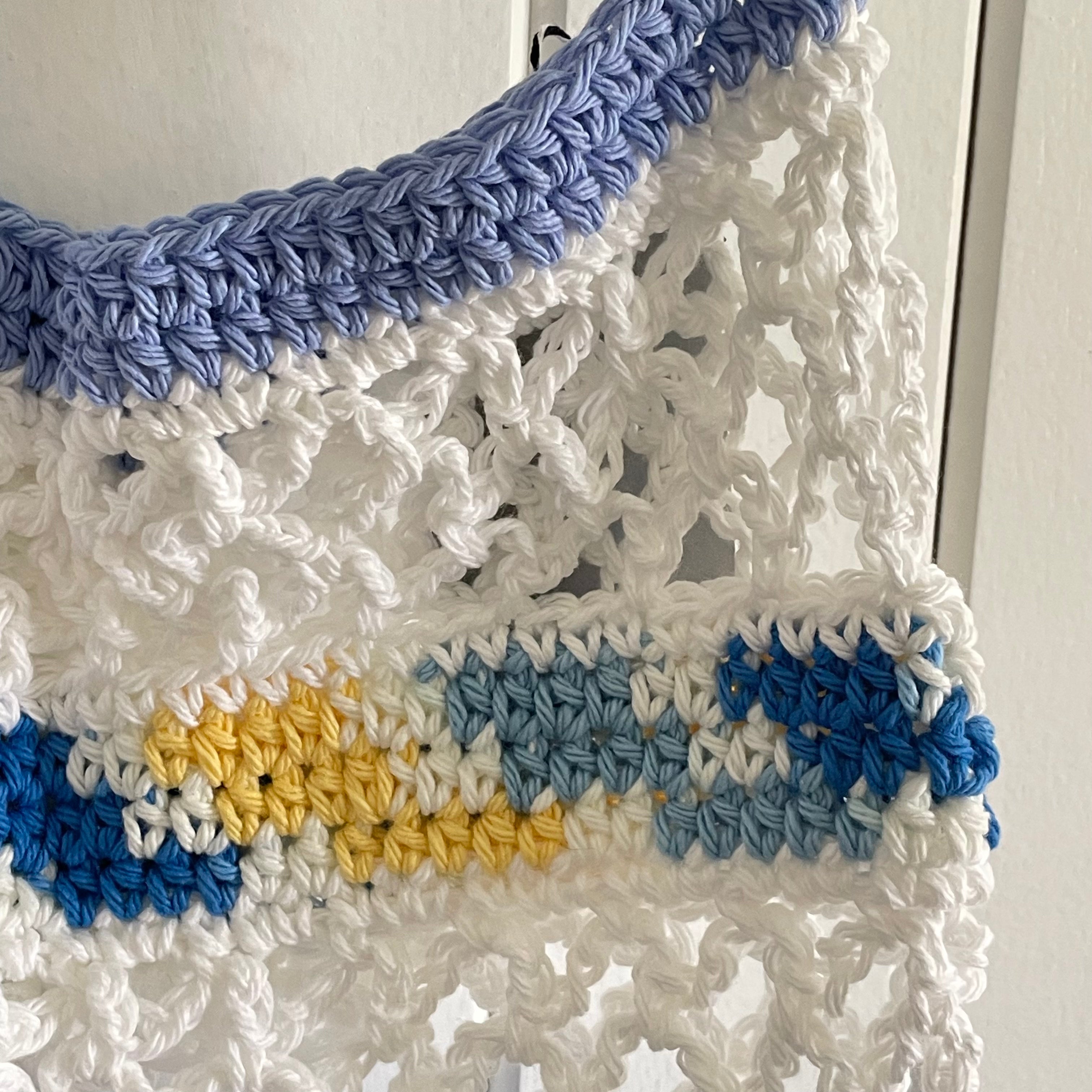 Ocean Vibes Blue White Yellow Tote Bag Purse Cotton Reusable Boho Multicolor Hand Crocheted Knit Coastal Resort