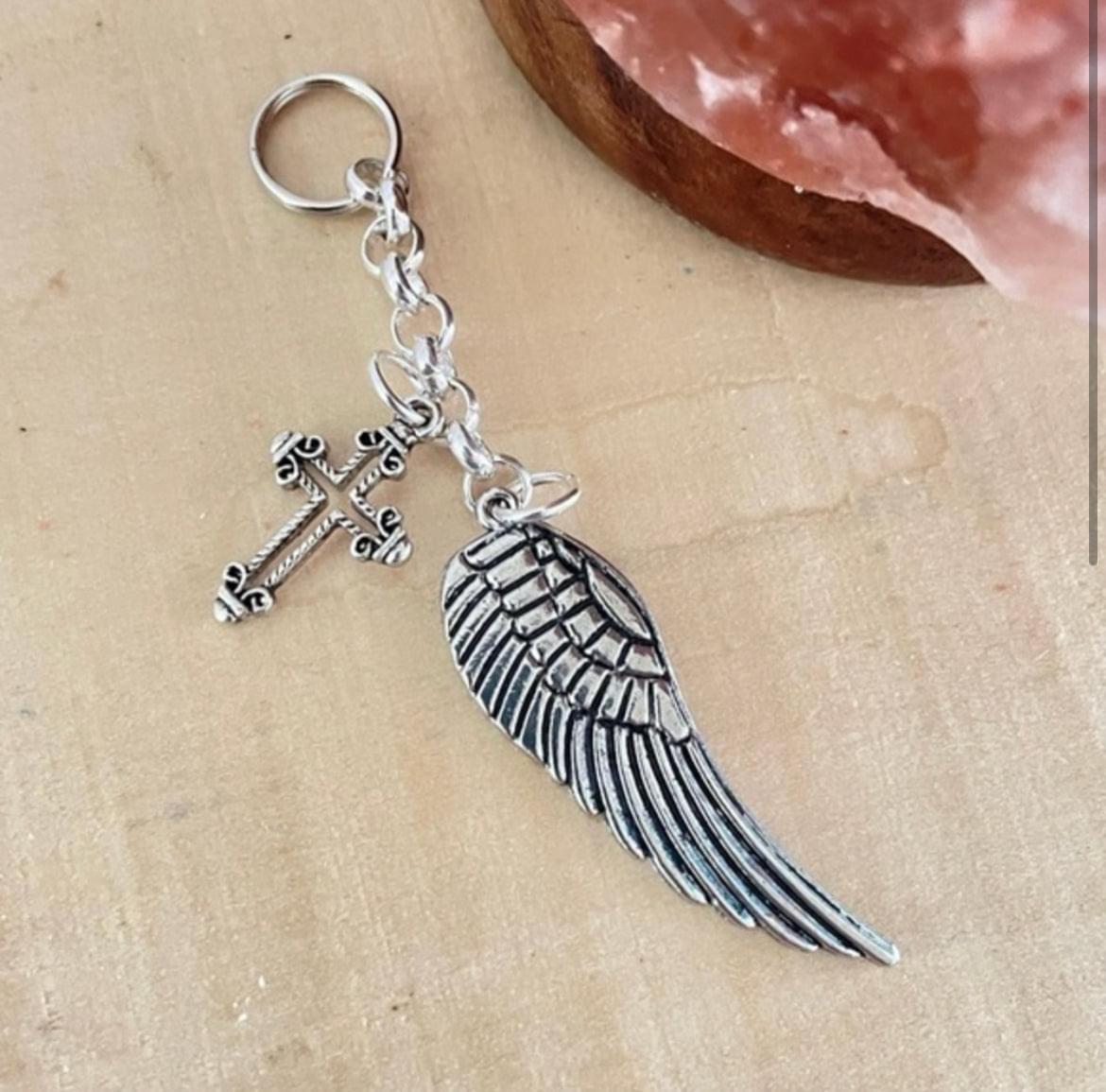 Cross & Angel Wing Keychain 4”