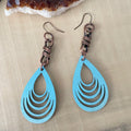 Long Copper Knot & Stamped Wood Hand Painted Teardrop Statement Earrings 3.75" Pastel Sea Blue Green Nashville Everyday Fashion Handmade Jewelry