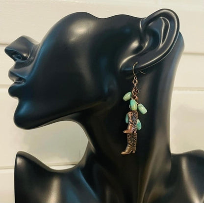 Copper Boot & Turquoise Statement Earrings Handmade 2.75” Cowgirl Cowboy Nashville Western