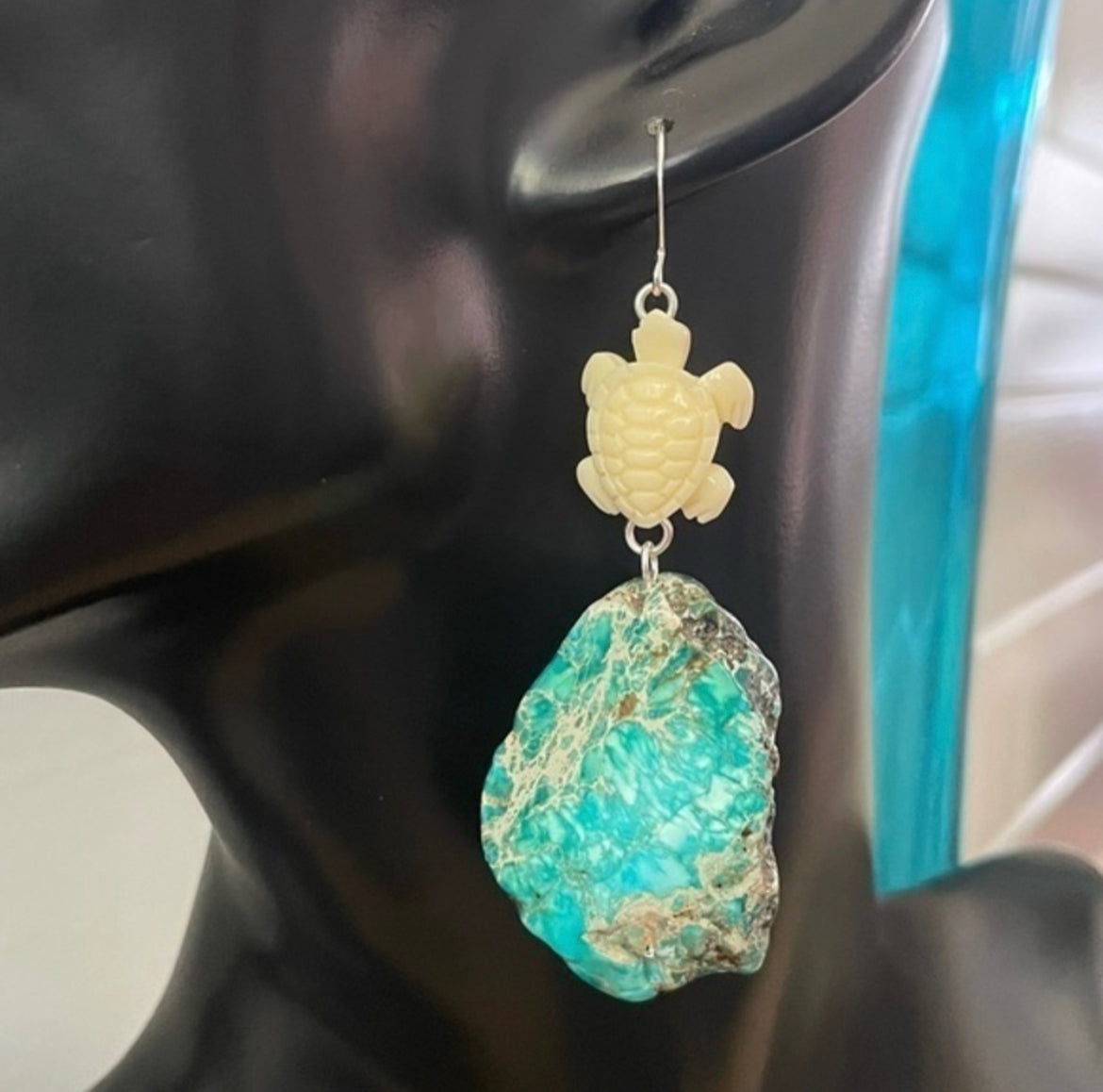 Turtle & Marbled Blue Imperial Jasper Earrings 3" Ivory Acrylic Coastal Western Statement