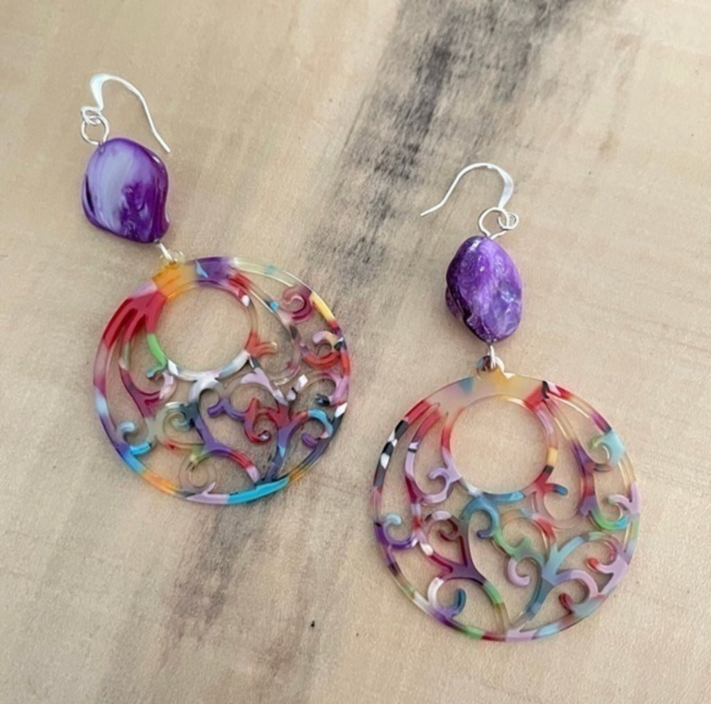 Rainbow Acrylic Hoop Earrings Purple Shell Accent 3" Colorful Pride