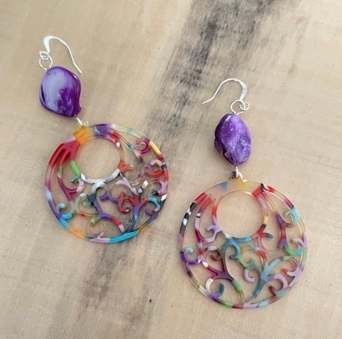 Rainbow Acrylic Hoop Earrings Purple Shell Accent 3" Colorful Pride