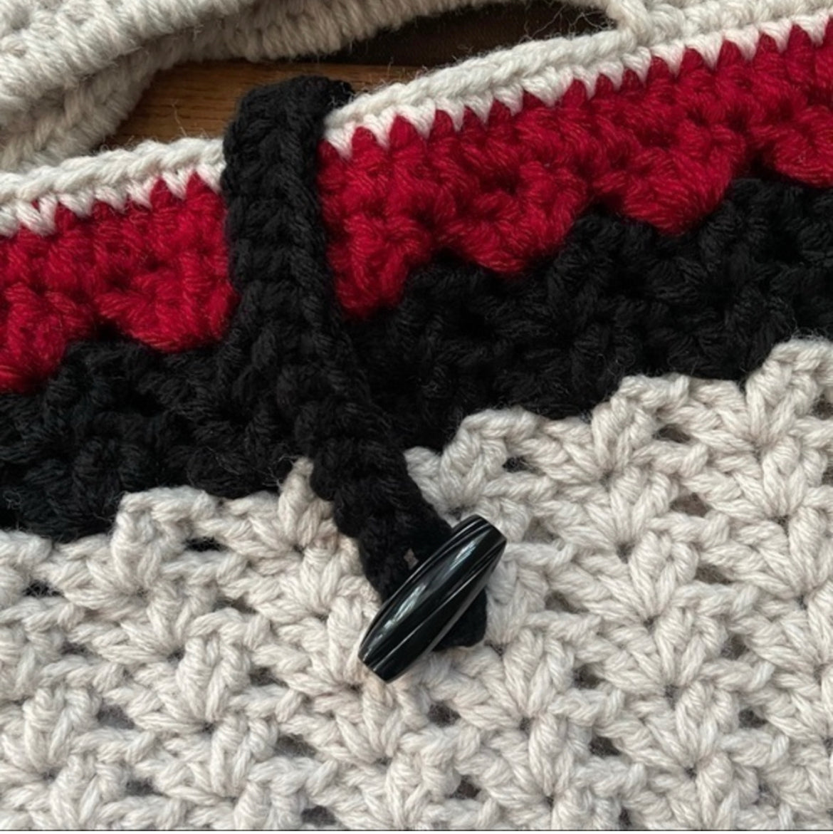Oversize Purse Hand Crocheted Tote Large Bag Off White Cream Red Wine & Black Stripe