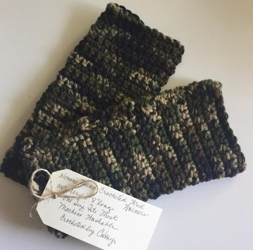 Camo Gaming Texting Fingerless Gloves Camouflage Marbled Dark Greens Browns Crochet Knit Fall Winter Writing Tech Wrist Warmers, flat view