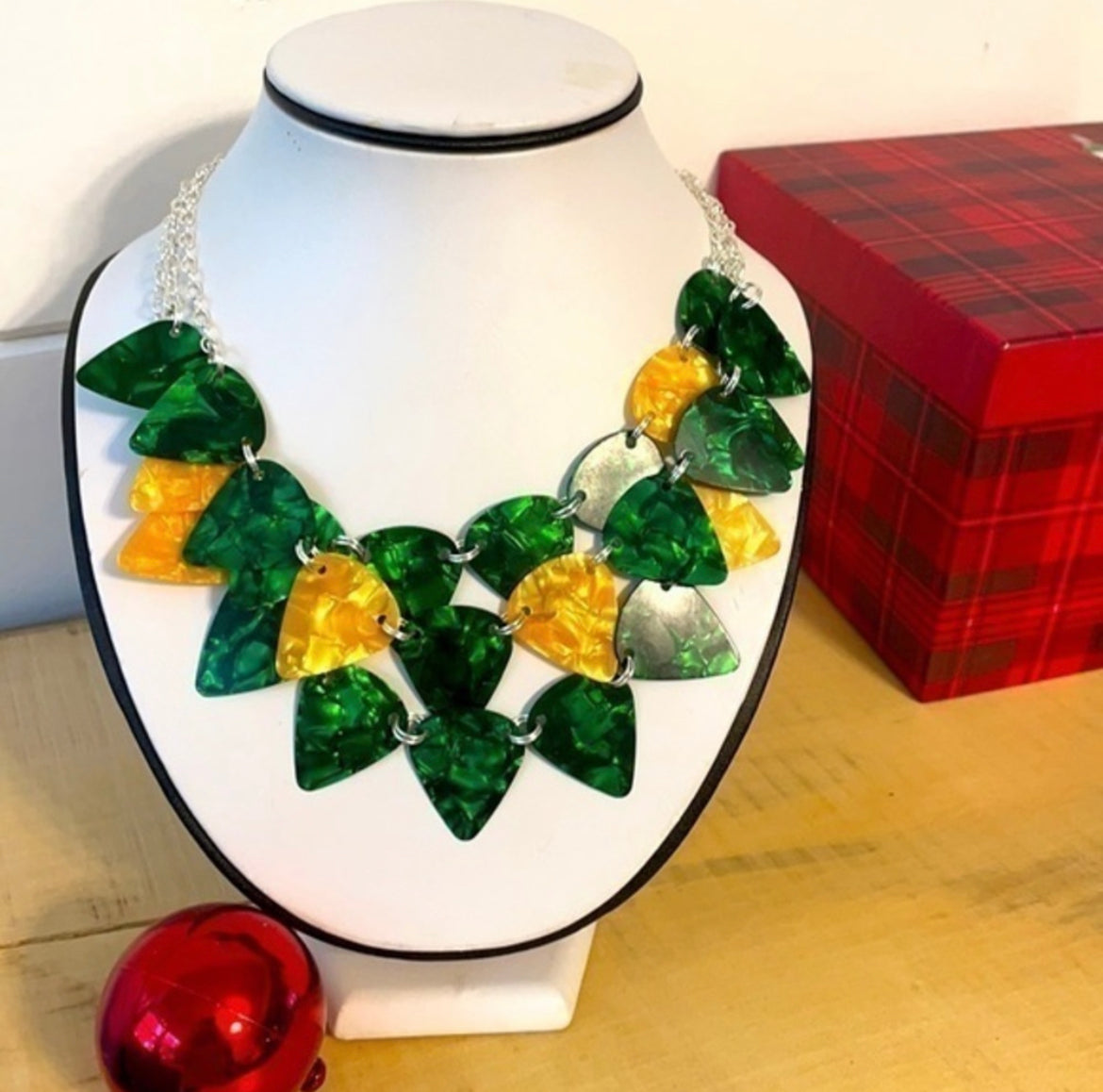 Layered Guitar Pick Statement Necklace Green Gold Punk Goth Rock Upcycle Repurposed
