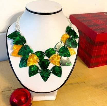 Layered Guitar Pick Statement Necklace Green Gold Punk Goth Rock Upcycle Repurposed