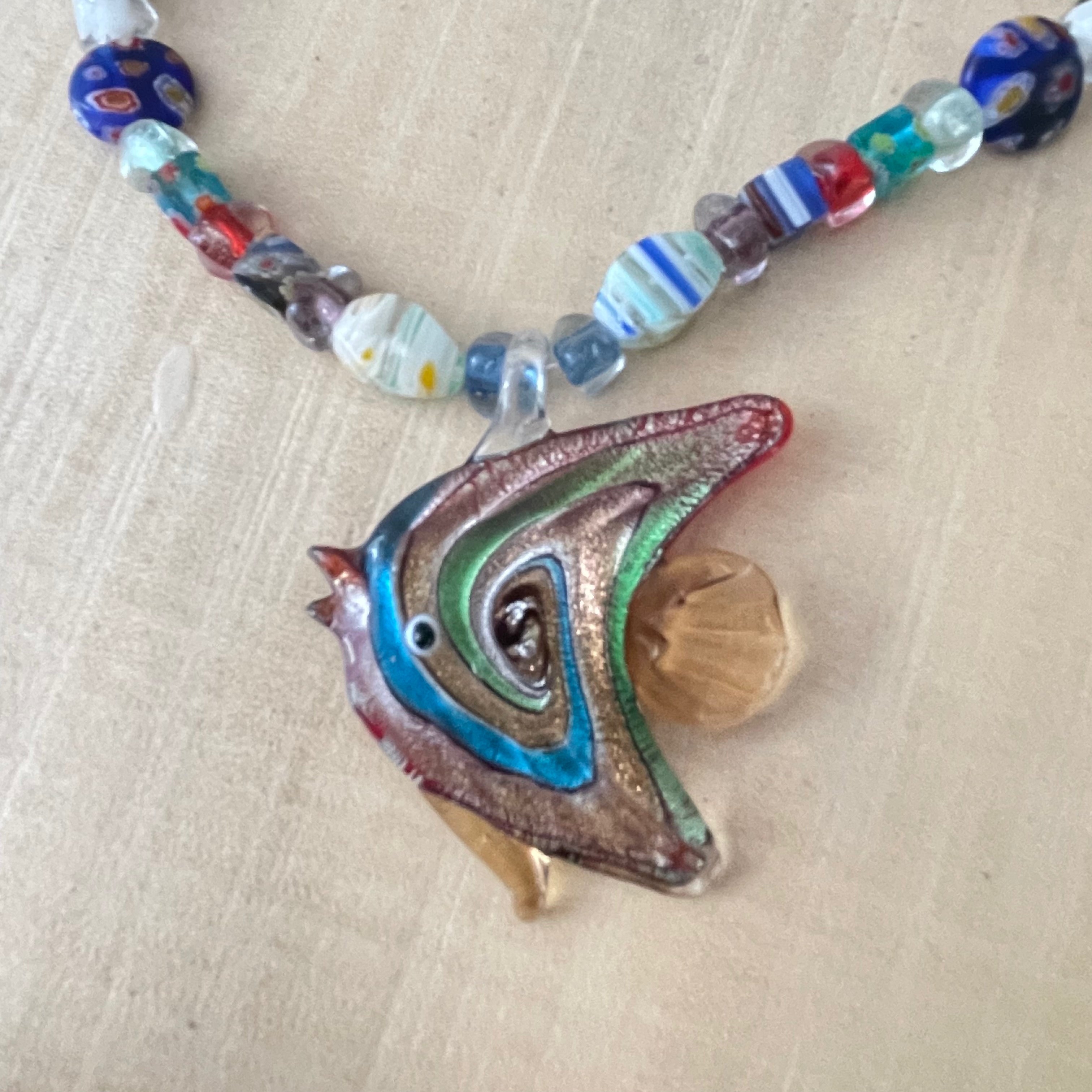 Colorful Glass Fish & Chunky Millefiori Bead Necklace 20.5" Coastal Bold Ocean