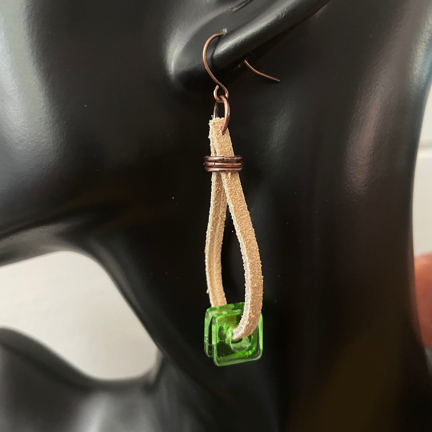 Leather Glass & Copper Teardrop Hoop Statement Earrings 2.5" Brown Spring Green Boho Western