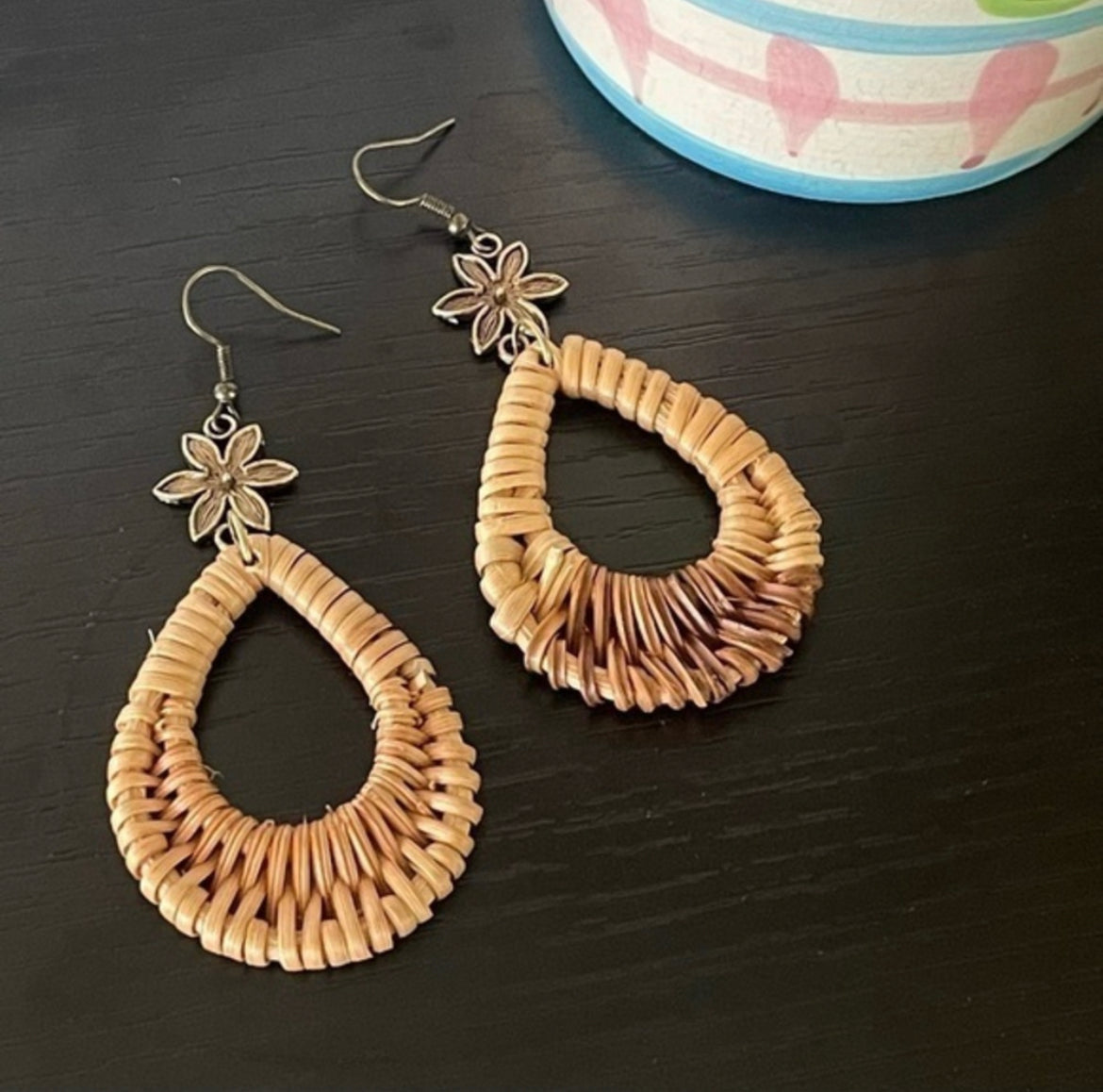 Straw Weave & Brass Flower Boho Teardrop Earrings 3.5" Coastal Beach Spring Break Summer Vacay Women Gift Everyday Fashion Handmade Jewelry