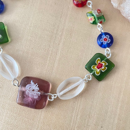 Colorful Millefiori Glass Flower Bracelet 7.5" Chunky Spring Summer Floral Boho Purple Green Blue Red Yellow