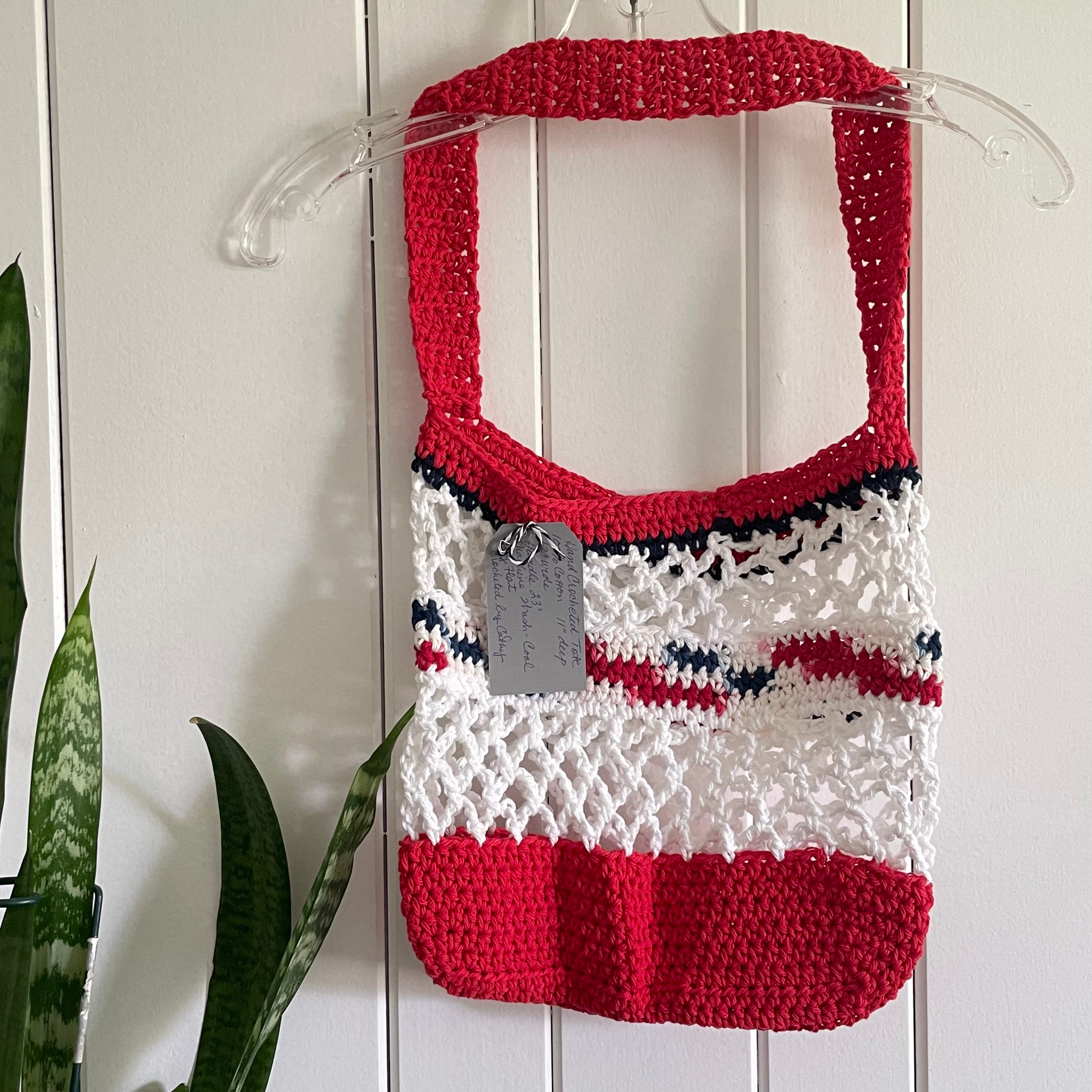 Navy Blue White Red Bottom Tote Bag Purse Cotton Reusable Boho Multicolor Hand Crocheted Knit Coastal Resort Beach