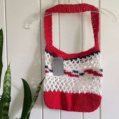 Navy Blue White Red Bottom Tote Bag Purse Cotton Reusable Boho Multicolor Hand Crocheted Knit Coastal Resort Beach