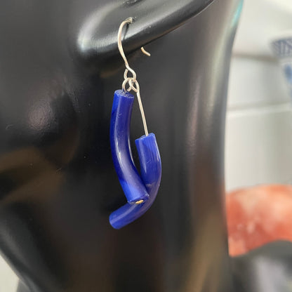 Dangling Dark Blue Curved Glass Earrings 2" Colorful Bold Versatile Daily Wear