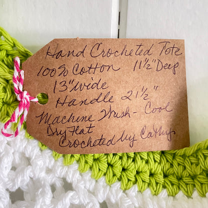 Green & White Tote Shoulder Bag Purse Cotton Reusable Boho Multicolor Hand Crocheted Knit