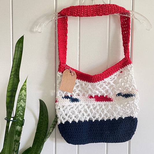 Red White Navy Blue Bottom Tote Bag Purse Cotton Reusable Boho Multicolor Hand Crocheted Knit Coastal Resort Beach
