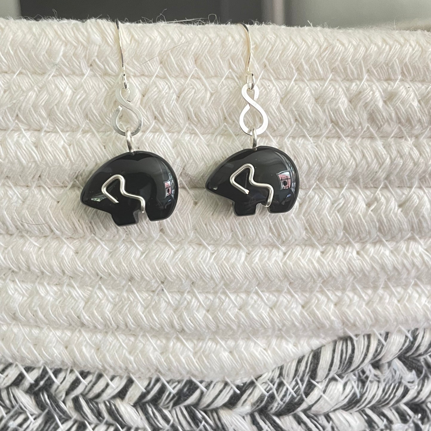 Hand-wrapped Black Agate Bear Earrings 1.5" Wire Accent Boho