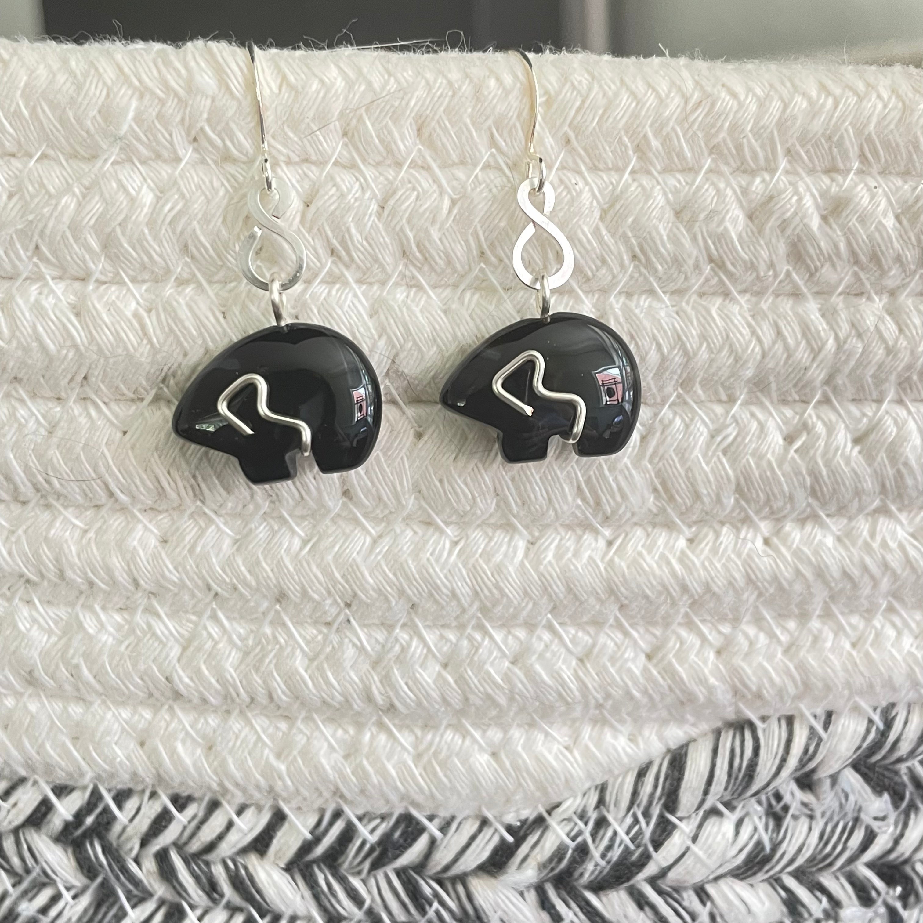 Hand-wrapped Black Agate Bear Earrings 1.5" Wire Accent Boho Women Gift Everyday Fashion Handmade Jewelry