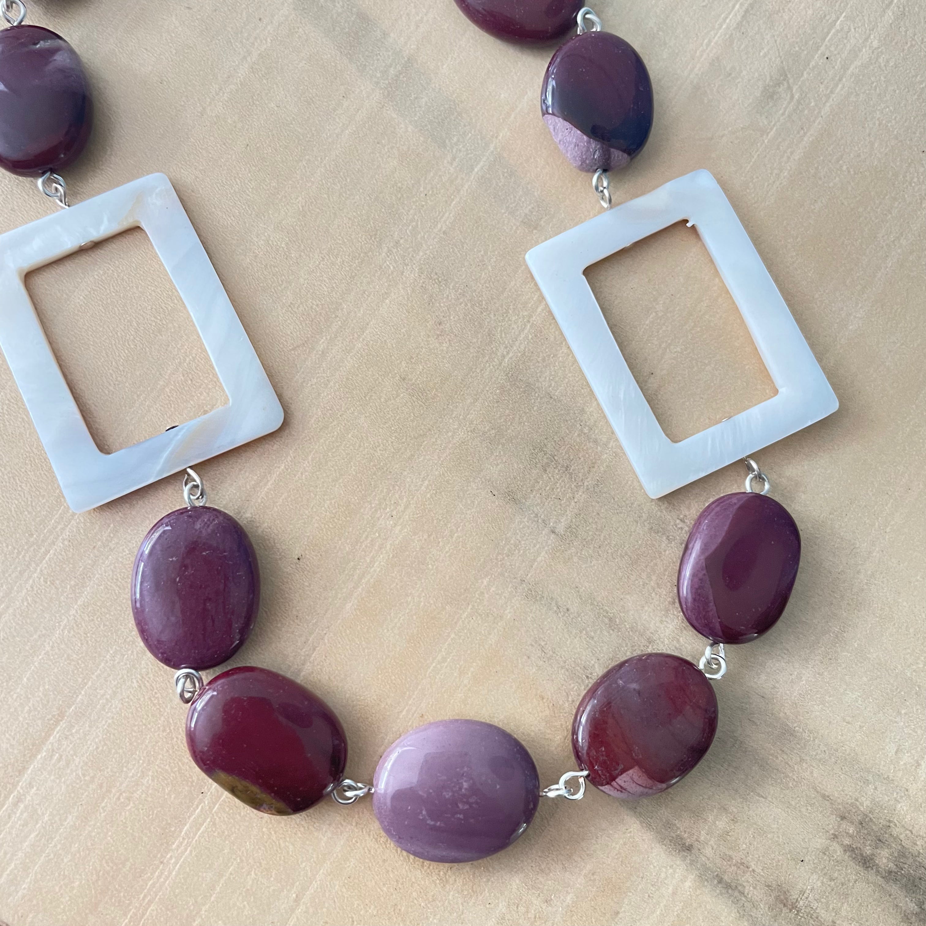 Marbled Moukaite Jasper & Iridescent Shell Necklace 29" Geometric Multicolor Mauve Cream Ivory Hand Crafted