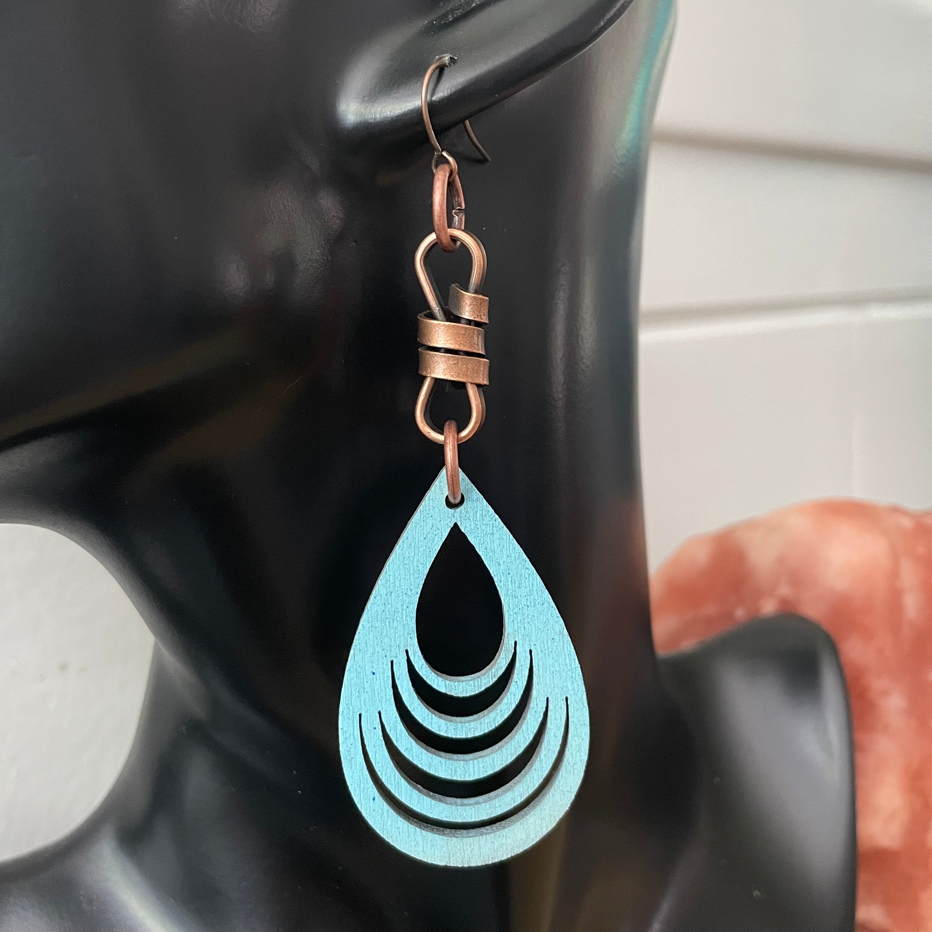 Long Copper Knot & Stamped Wood Hand Painted Teardrop Statement Earrings 3.75" Pastel Sea Blue Green Nashville Everyday Fashion Handmade Jewelry