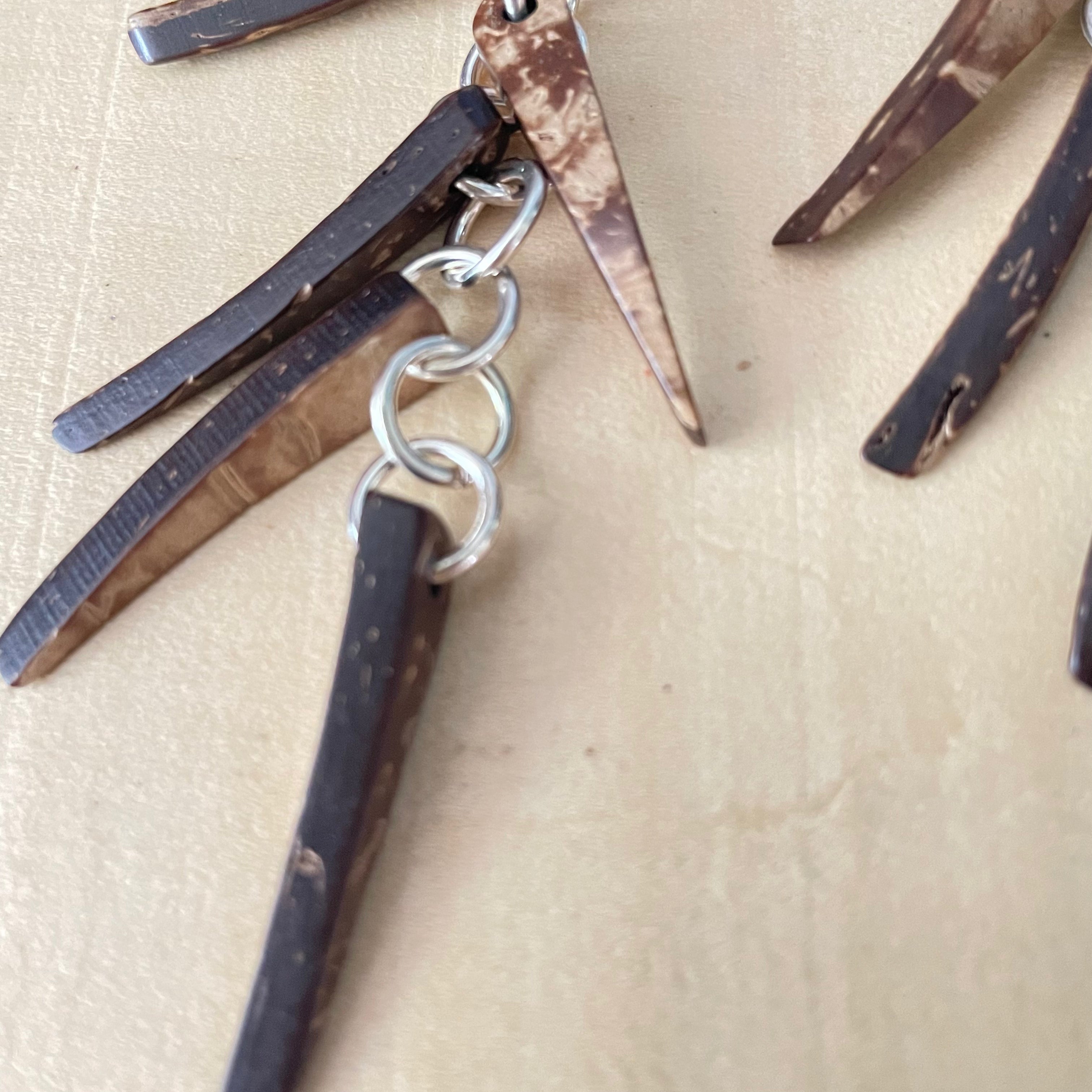 Long Dangling Coconut & Chain Link Earrings 3.5" Geometric Brown Tan Coastal Statement Resort Women Gift Everyday Fashion Handmade Jewelry