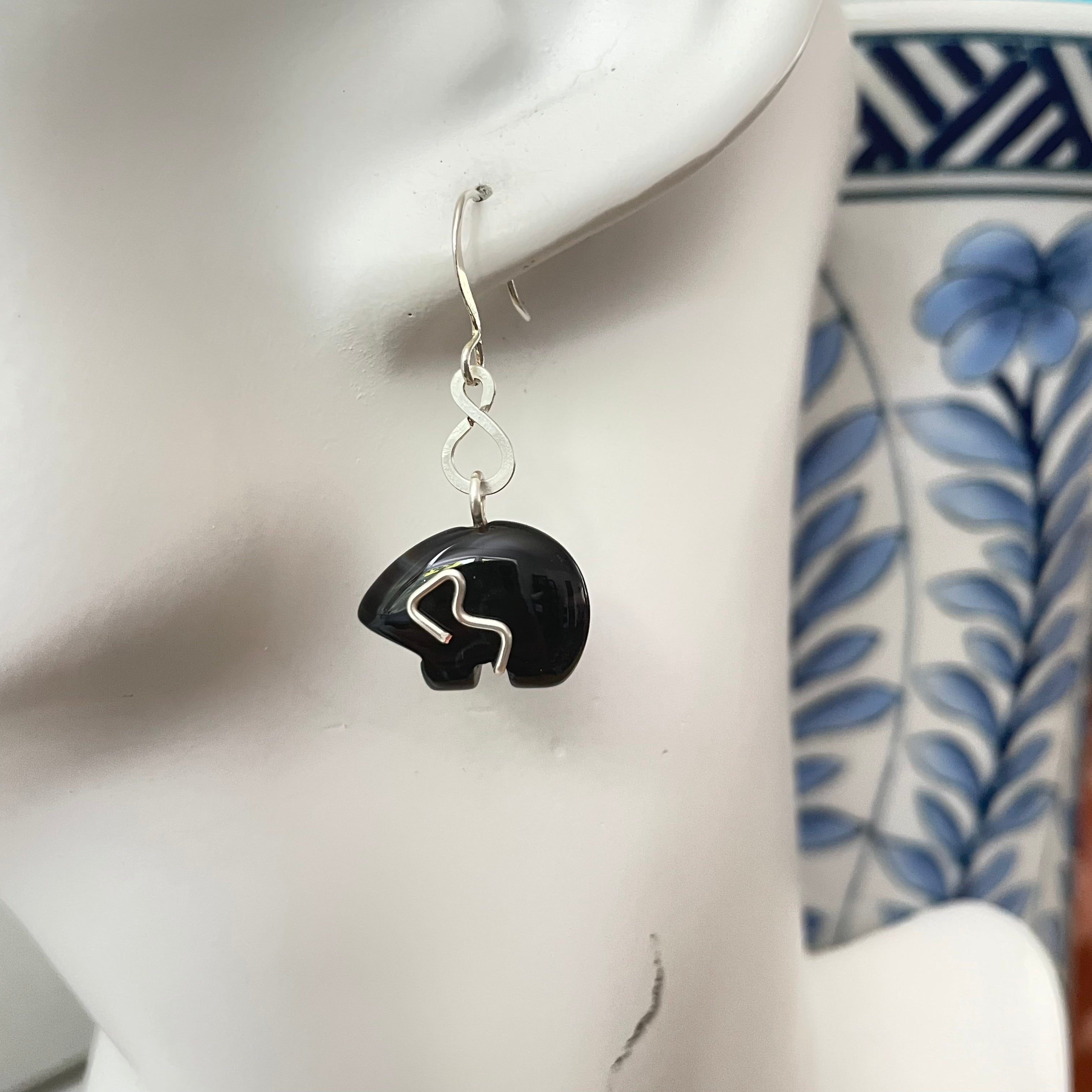 Hand-wrapped Black Agate Bear Earrings 1.5" Wire Accent Boho Women Gift Everyday Fashion Handmade Jewelry