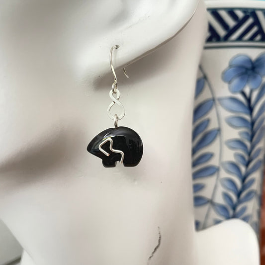 Hand-wrapped Black Agate Bear Earrings 1.5" Wire Accent Boho Women Gift Everyday Fashion Handmade Jewelry