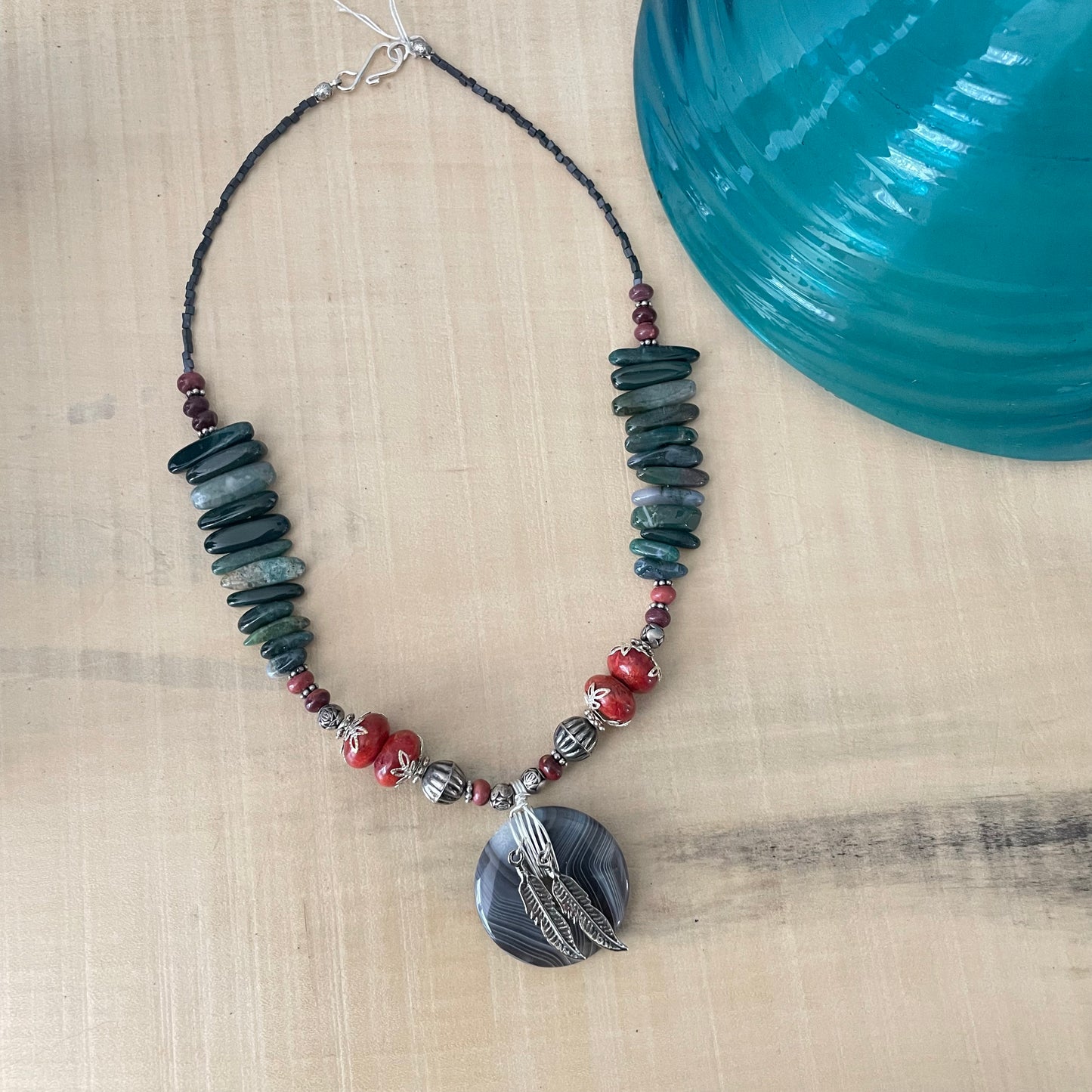 Swirling Agate & Feather Pendant Necklace 19" Jasper Coral Southwest Western Mixed Metal Wire Wrapped