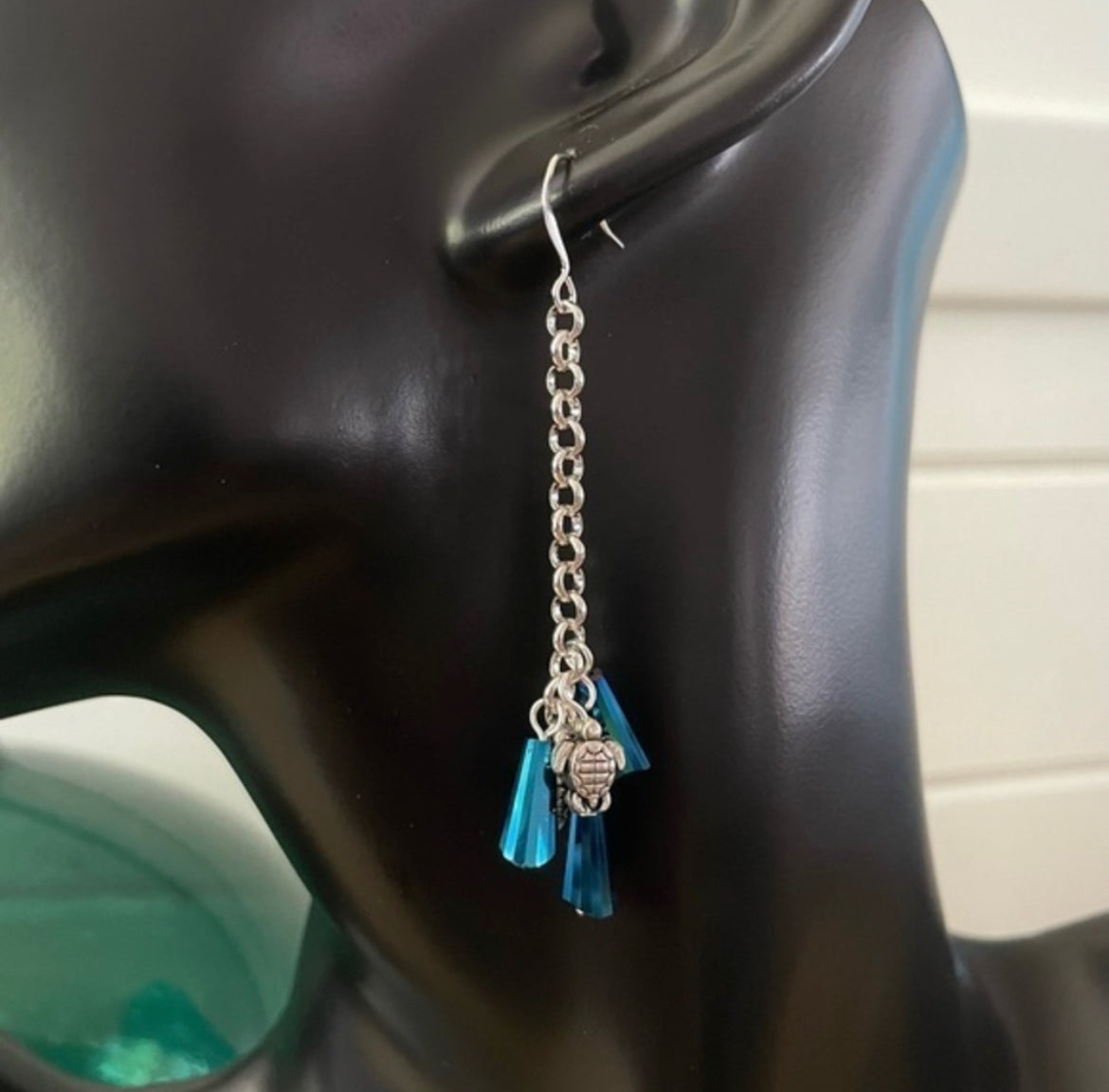 Dark Blue Swarovski Crystal Mini Turtle Statement Earrings 2.75" Coastal Resort Elegant Ocean Vacation